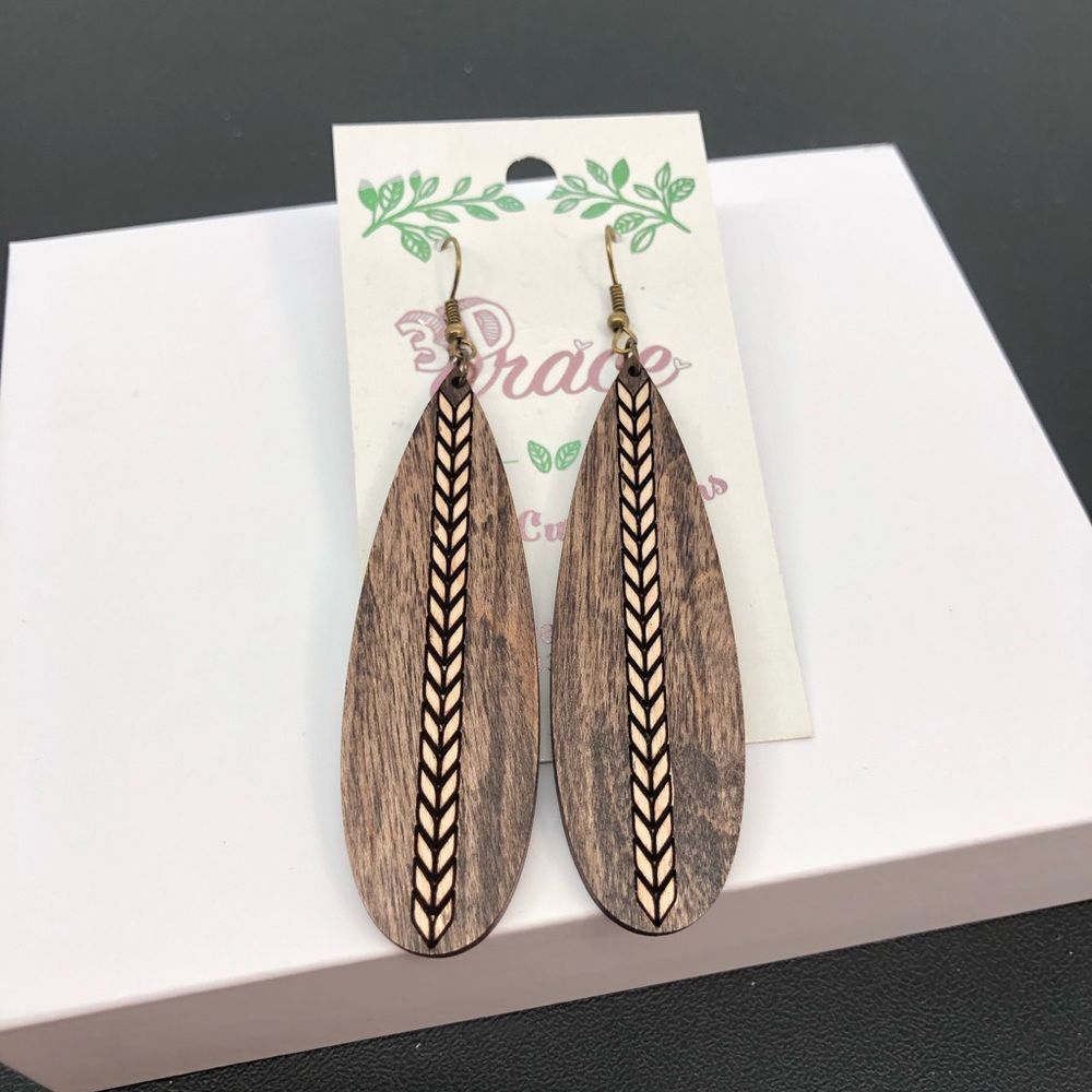 3D Laser Cut Etched Wood Oblong Oval Statement Pierced Earrings